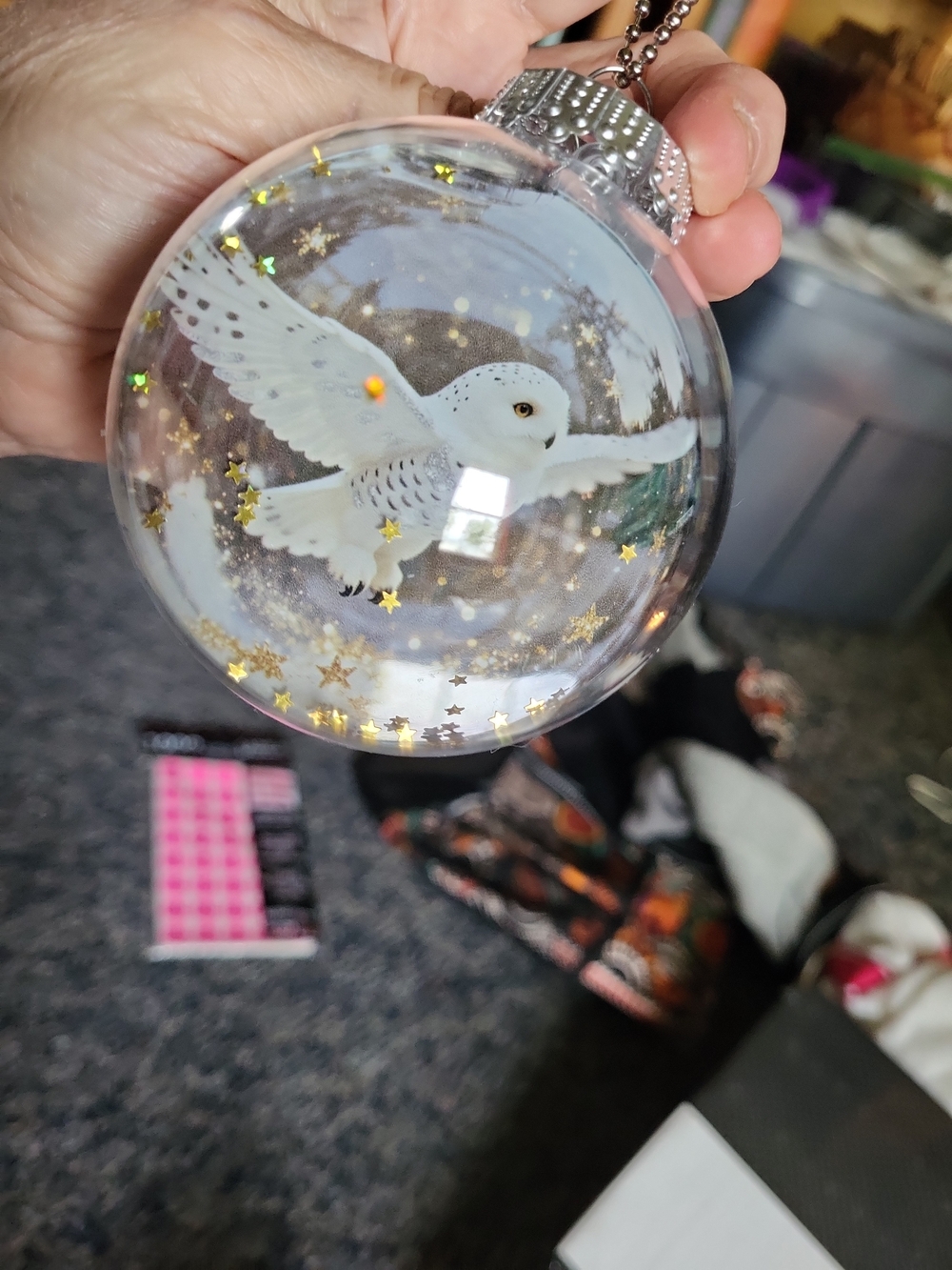 Clear Snowy Owl Glass Ornament with Gold Star Accents
